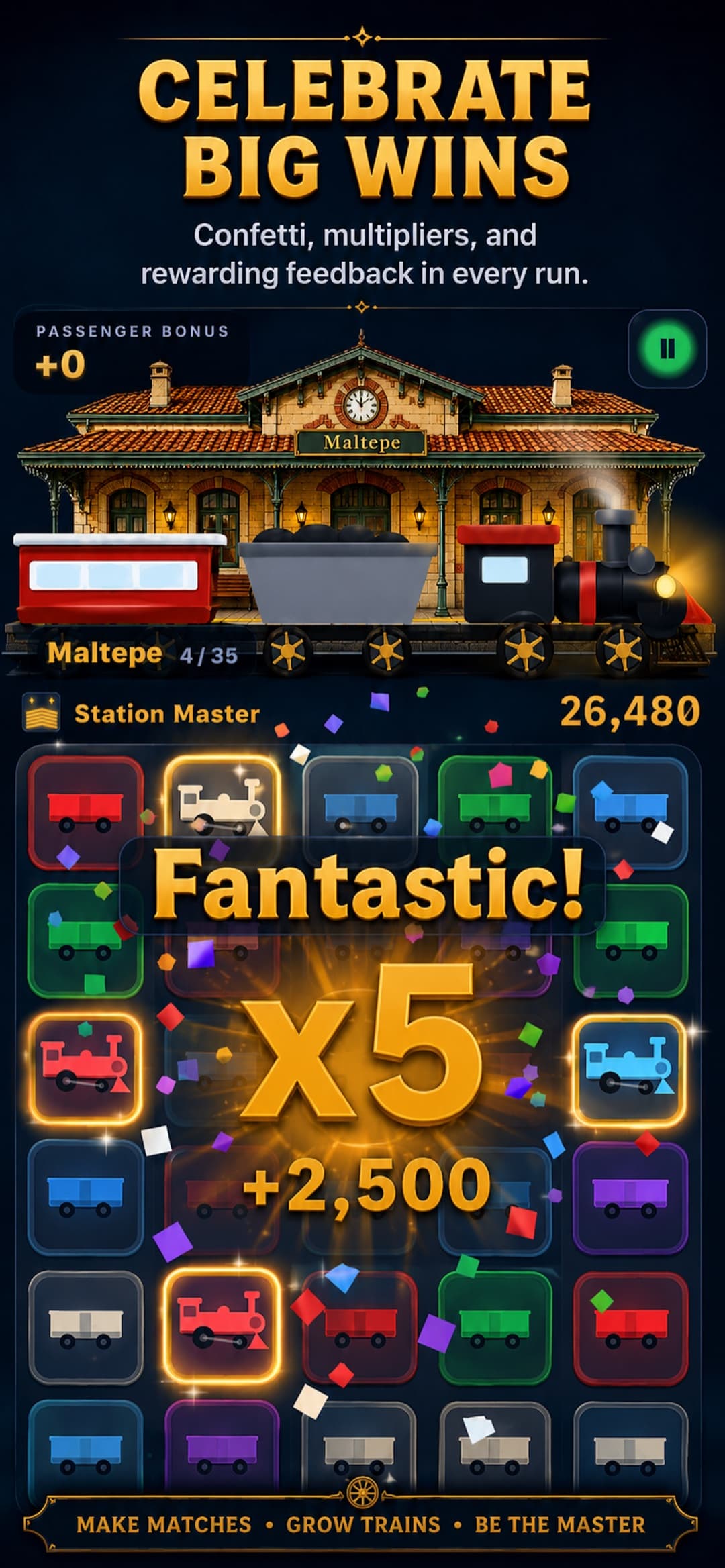 Loco Master gameplay — a five-times chain multiplier celebration at Maltepe station