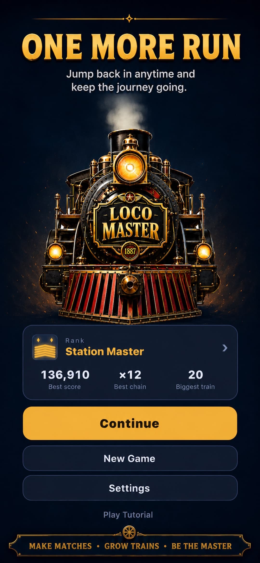 Loco Master main menu — an ornate steam locomotive with the Station Master rank and best-score stats