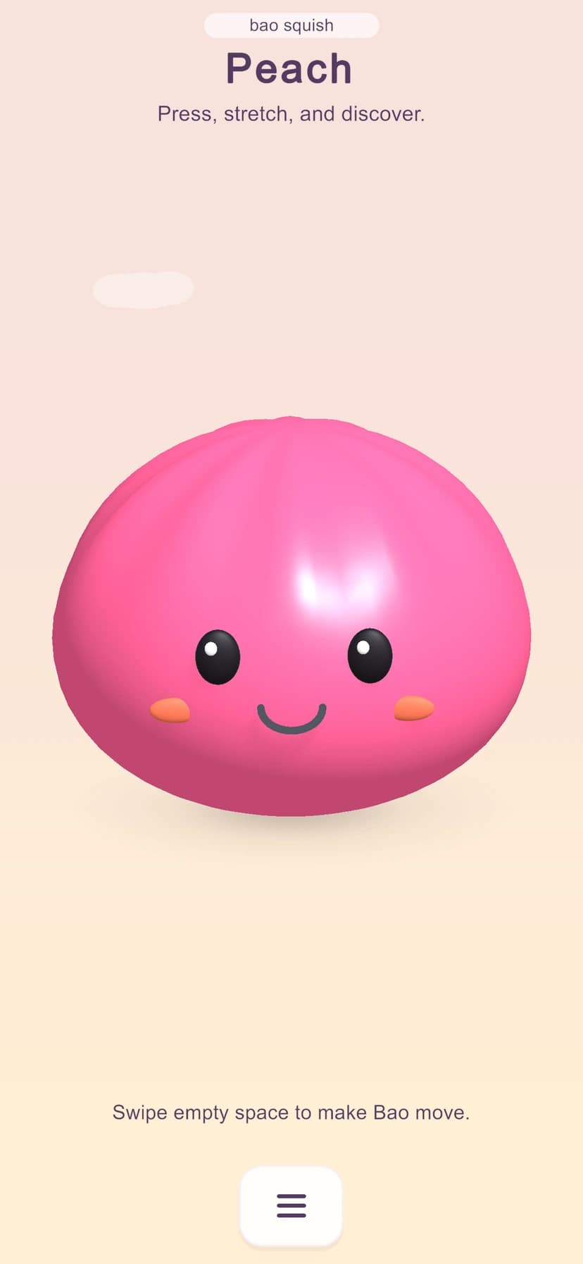 Actual Bao Squish Home screen with a pink 3D soft friend ready to press and stretch.