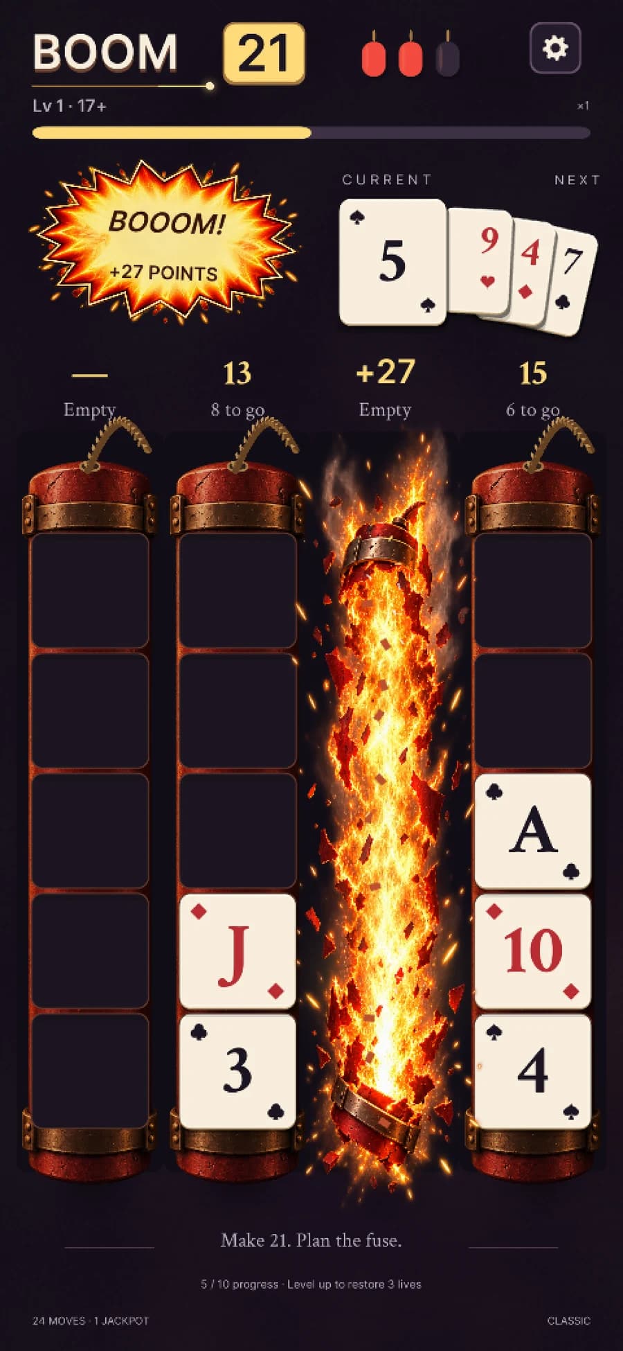 A dynamite column exploding in flames as a BOOM score celebration appears above the board