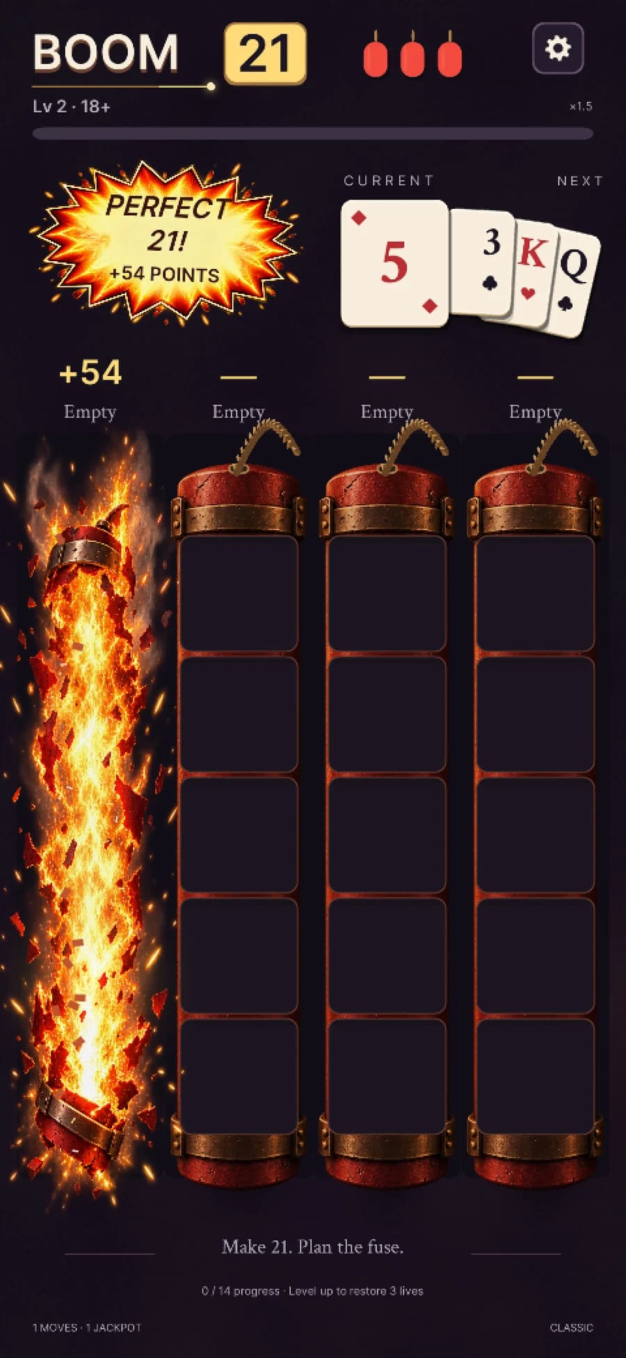 An exact 21 clears a column with a fiery explosion and a Perfect 21 celebration