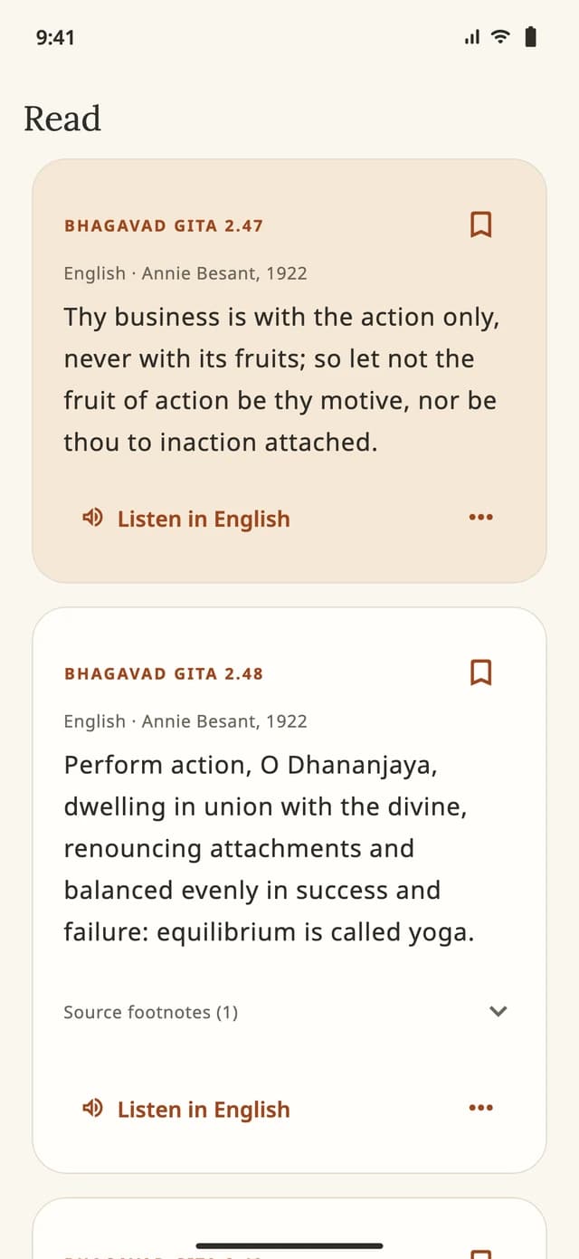 Gita Within English reader showing Bhagavad Gita chapter 2, verses 47 to 49, with bookmarks and device voice controls.