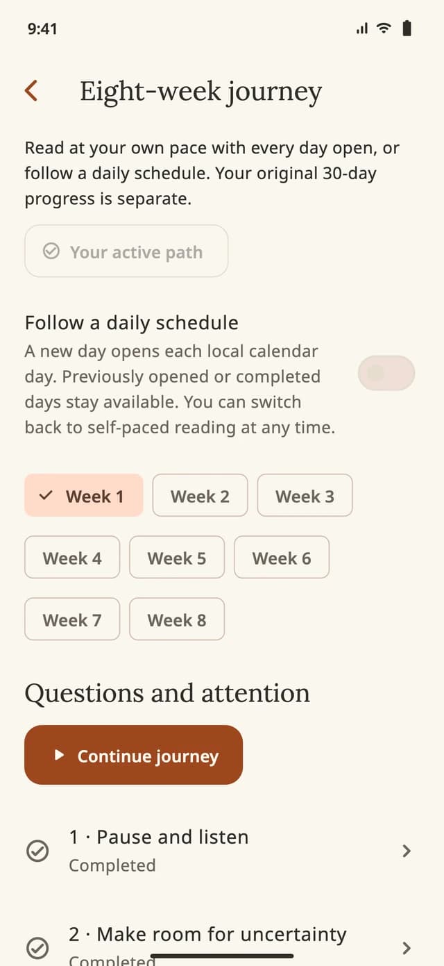 Gita Within eight-week journey showing completed steps, weekly navigation and the option to follow a daily schedule.