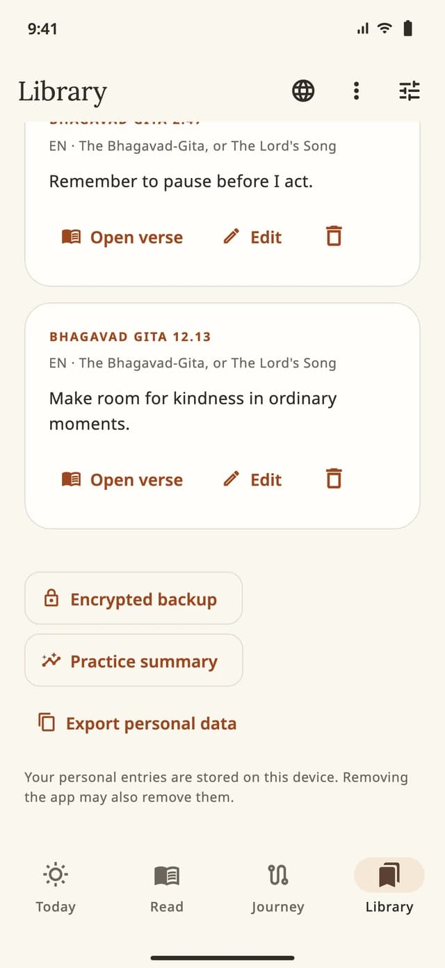 Gita Within Library with example personal verse notes and an encrypted backup option.