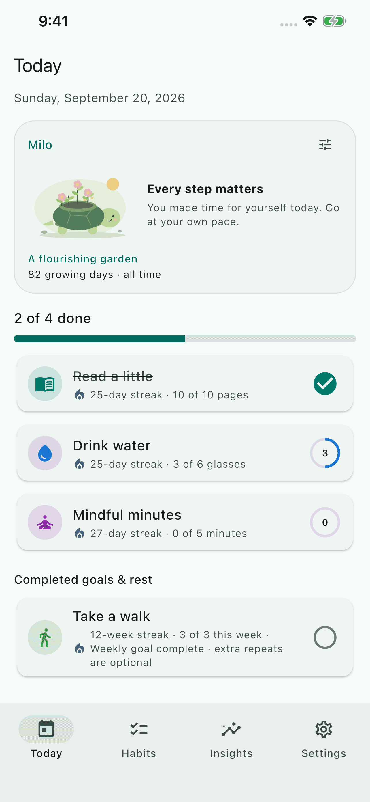 HabitFlow Today screen with Milo’s flowering garden, reading, water, mindfulness and walking habits.