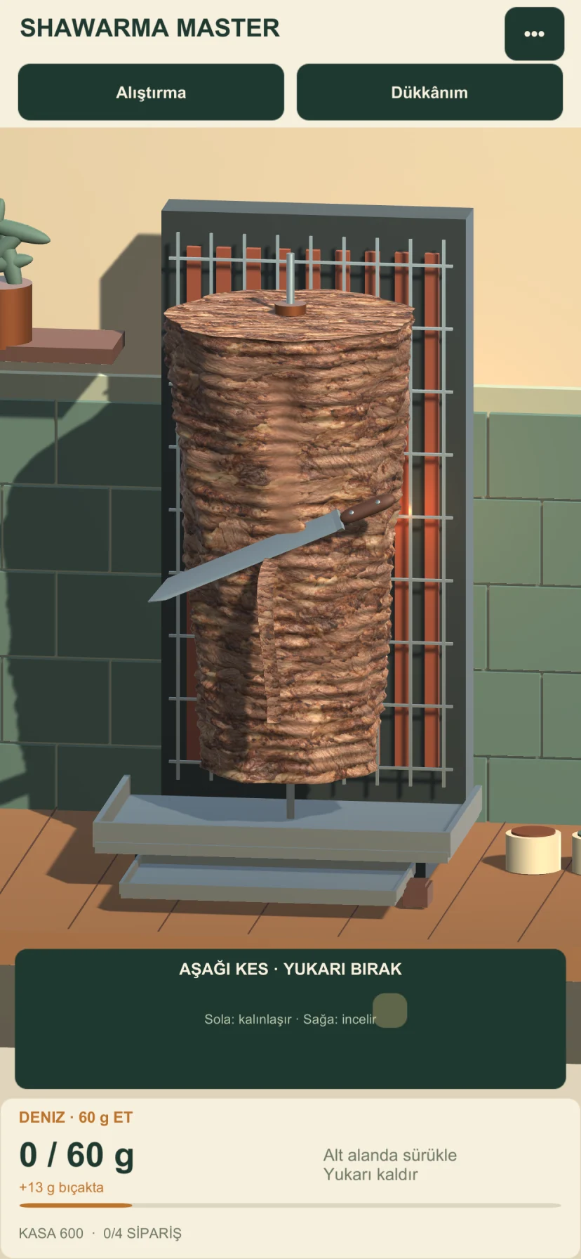 Actual Shawarma Master gameplay: doner skewer, knife, target meat weight and lower touchpad keeping the meat in view.