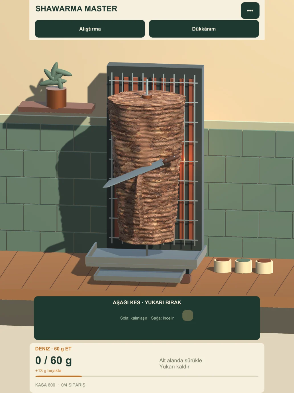 Shawarma Master gameplay in the iPad layout, with the skewer above the separate knife-control pad.