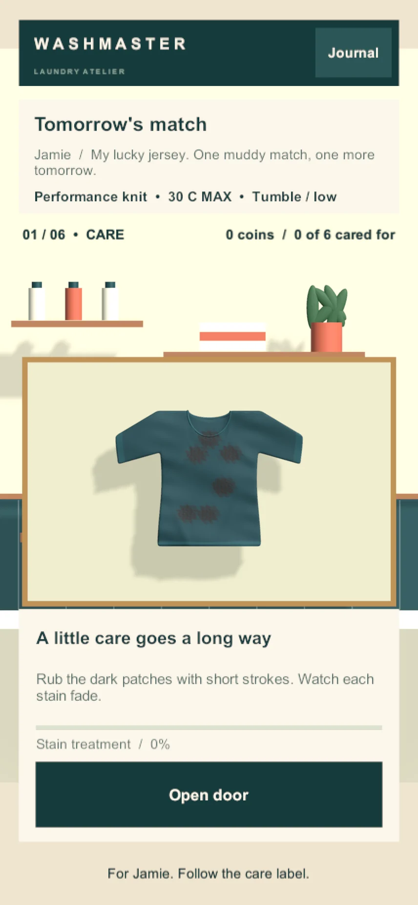 WashMaster first jersey order with visible mud stains on the care surface and contextual treatment instructions.