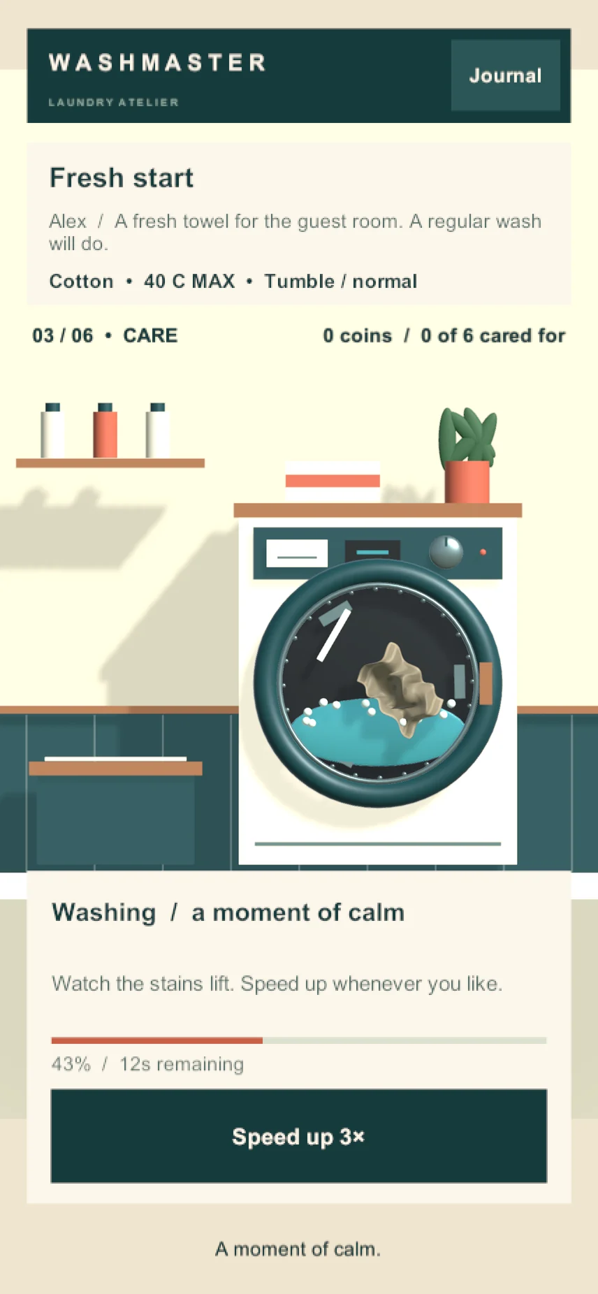 WashMaster towel order during a cotton wash with visible water, wash progress and a speed-up button.