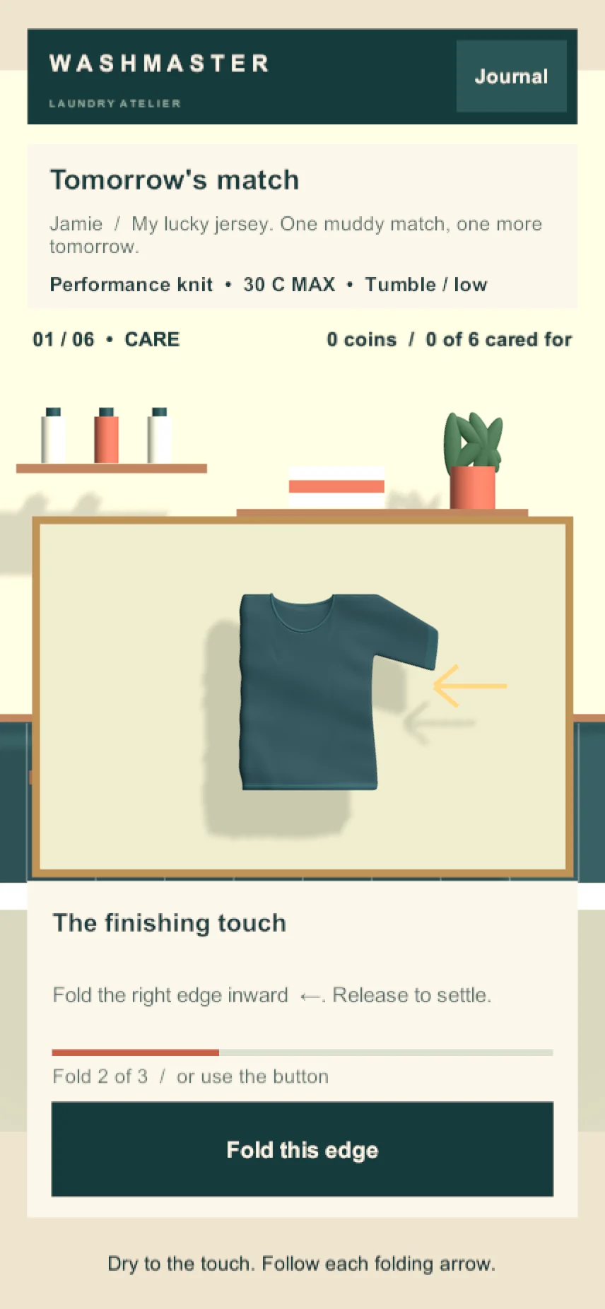 WashMaster jersey on the care surface with the right edge highlighted for the second directional fold.