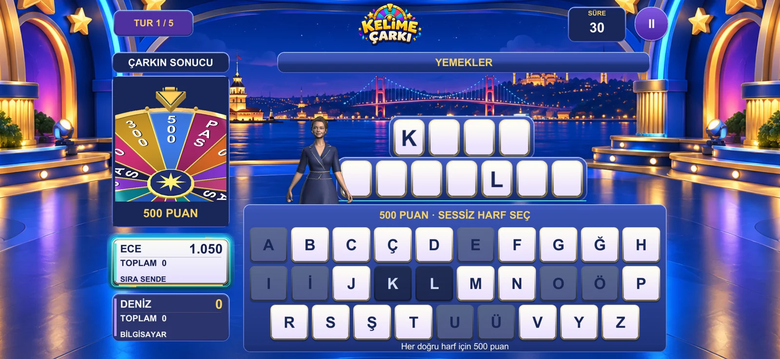 Kelime Çarkı gameplay: a colorful Istanbul studio, letter board, animated host and computer opponent.